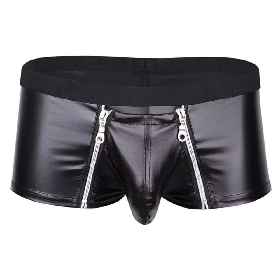 Mens Sexy Leather Lingerie Open Crotch Short Pants for Sex Soft Latex Fetish Boxer Crotchless Leather Underwear Bulge Pouch Sexi