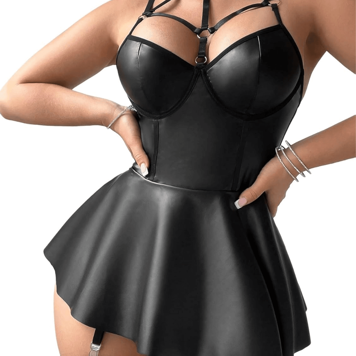 Elegant Strappy Faux Leather Dress with Garter Belt