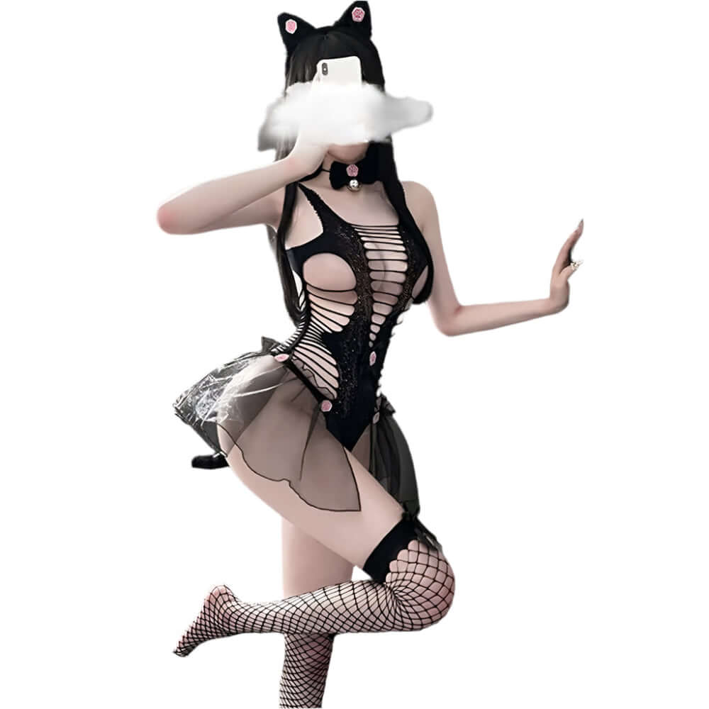 Sexy Roleplay Costume with playful design, fishnet stockings, and cat ears for a seductive night of fun.