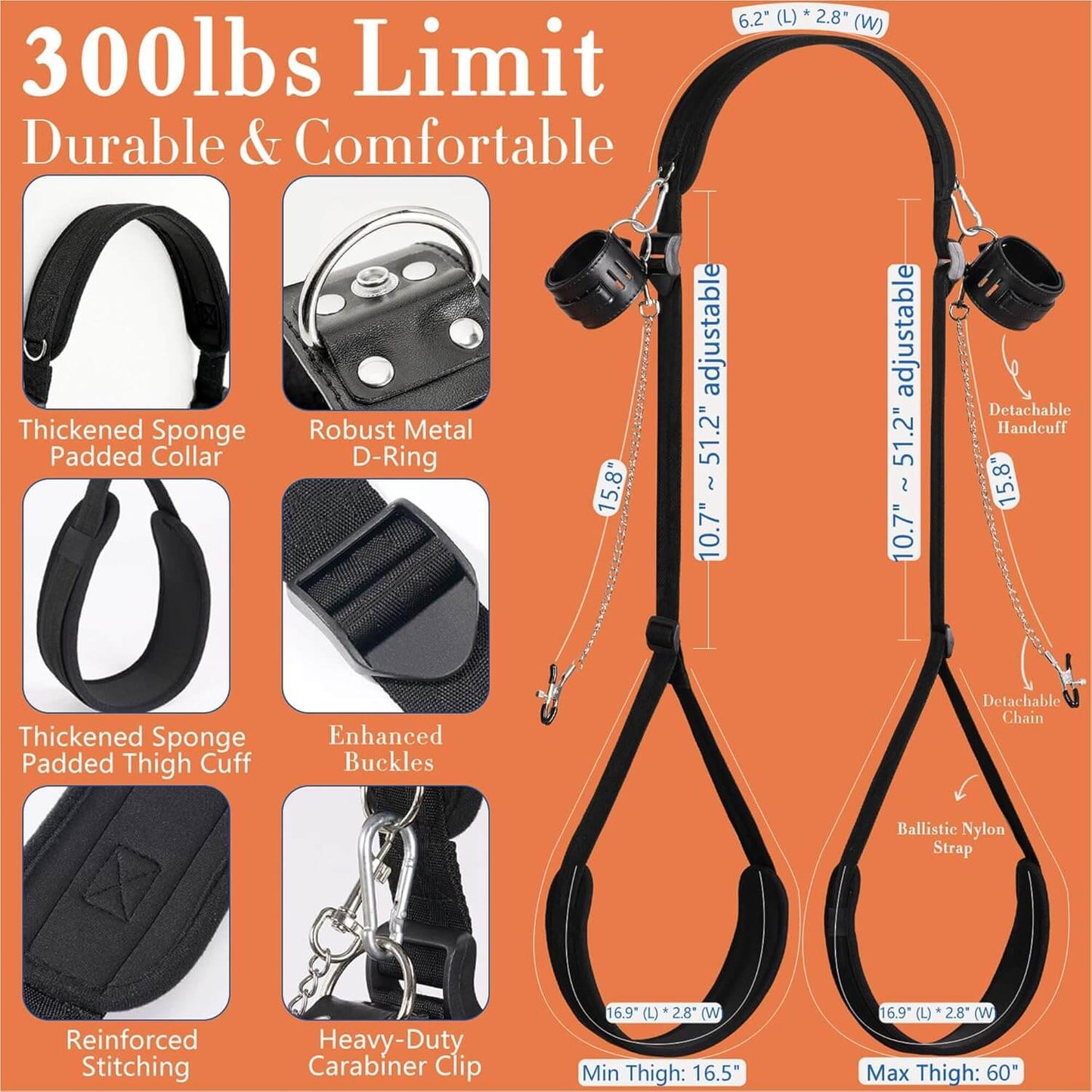 Wrist Cuffs Bed Restraints Neck-To-Thigh Set
