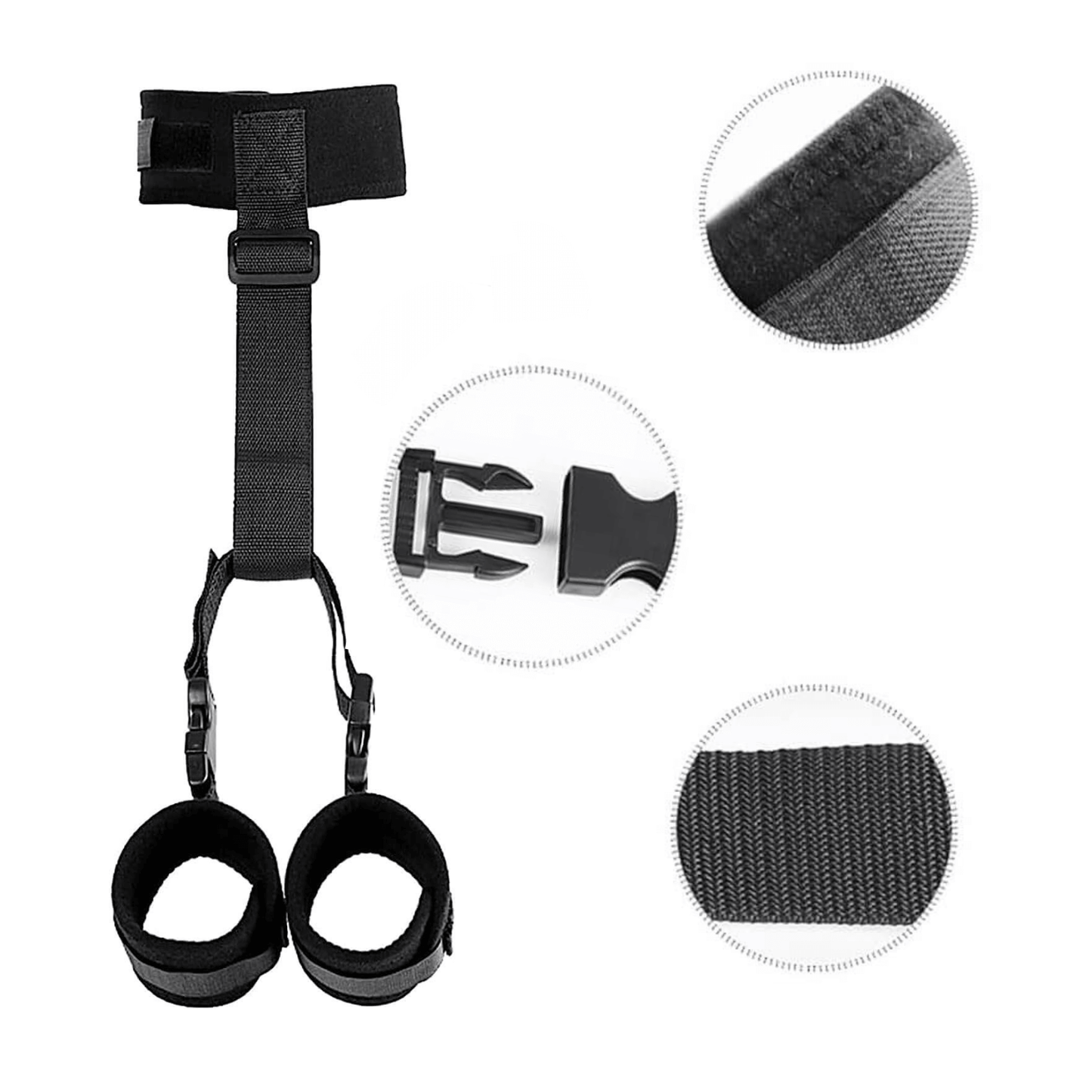 Neck to wrist restraints featuring padded cuffs, adjustable strap, and blindfold for enhanced comfort and sensory play.