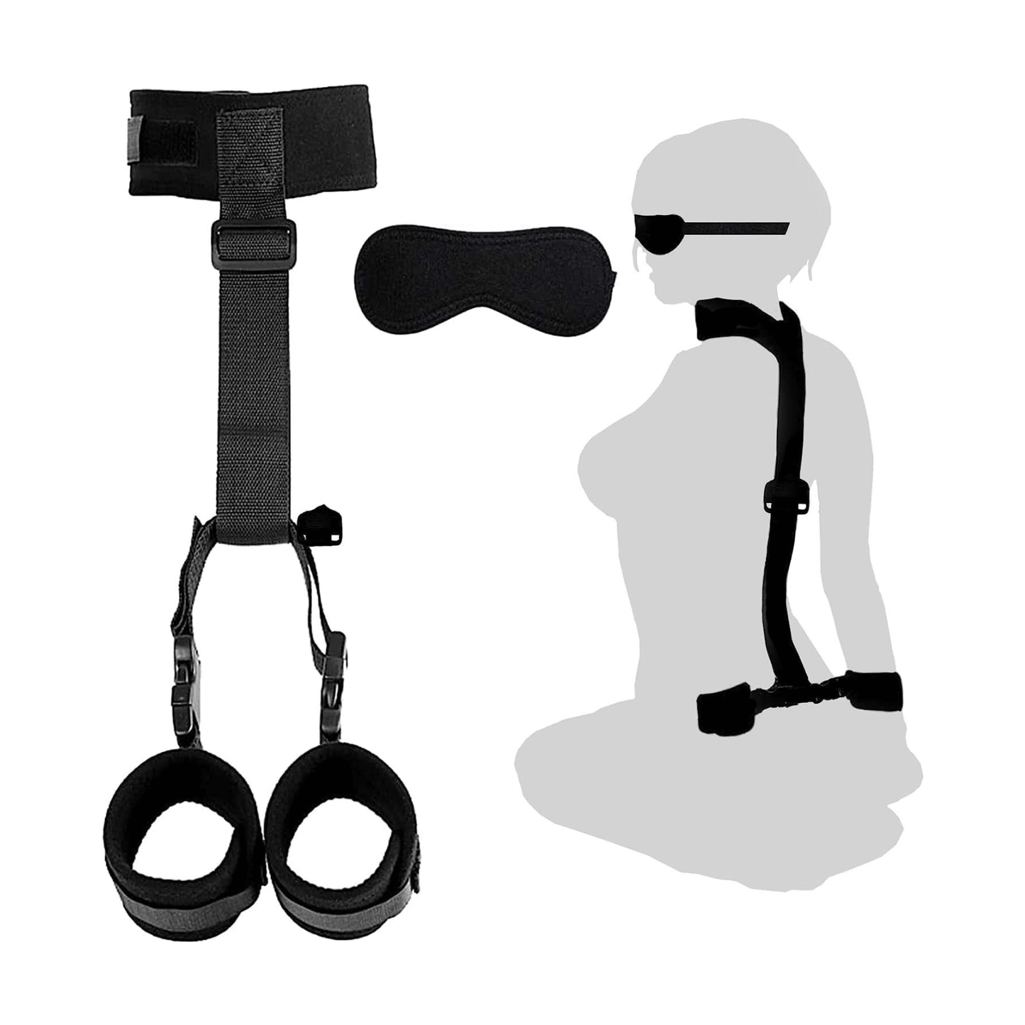 Neck to wrist restraints with blindfold, strong padded material for comfort, enhancing sensory experience.