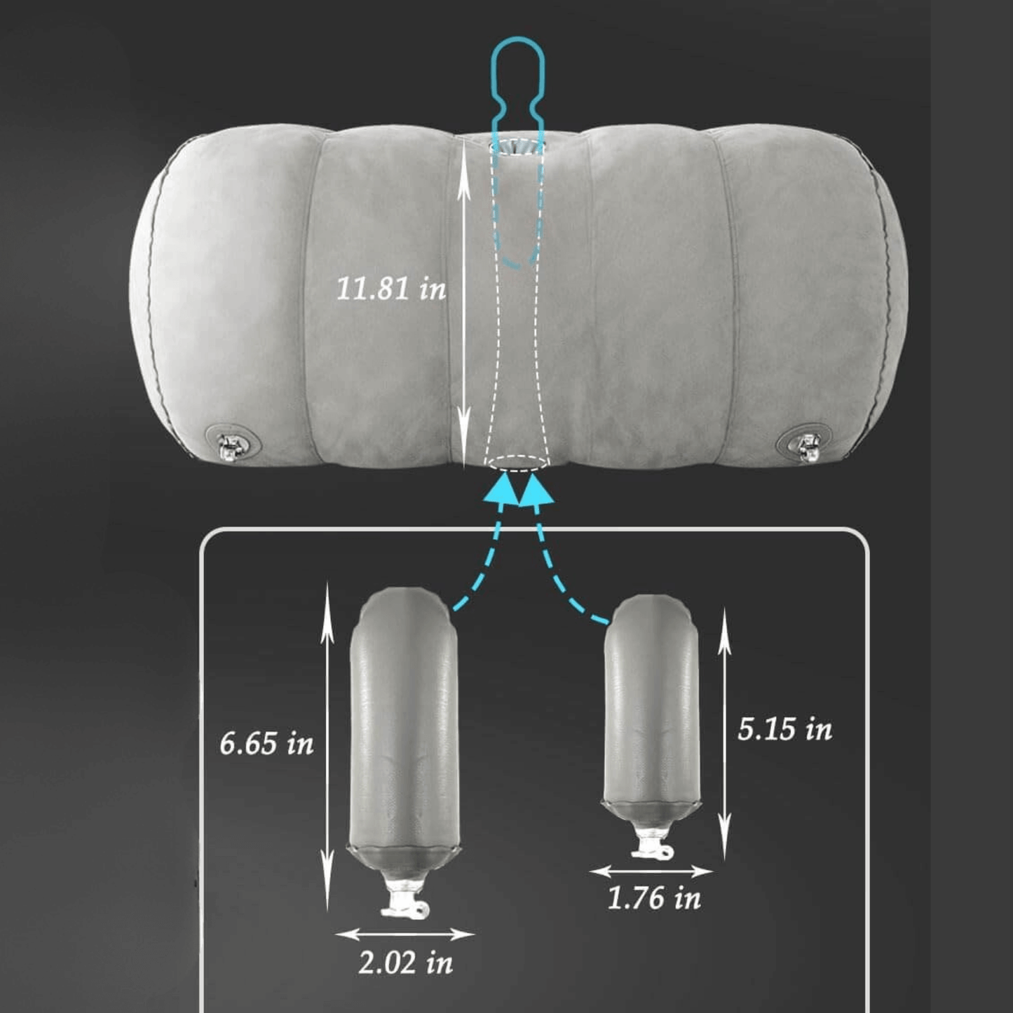 Heart shaped inflatable cushion dimensions and cuffs illustration, ideal for bedroom creativity and comfort.