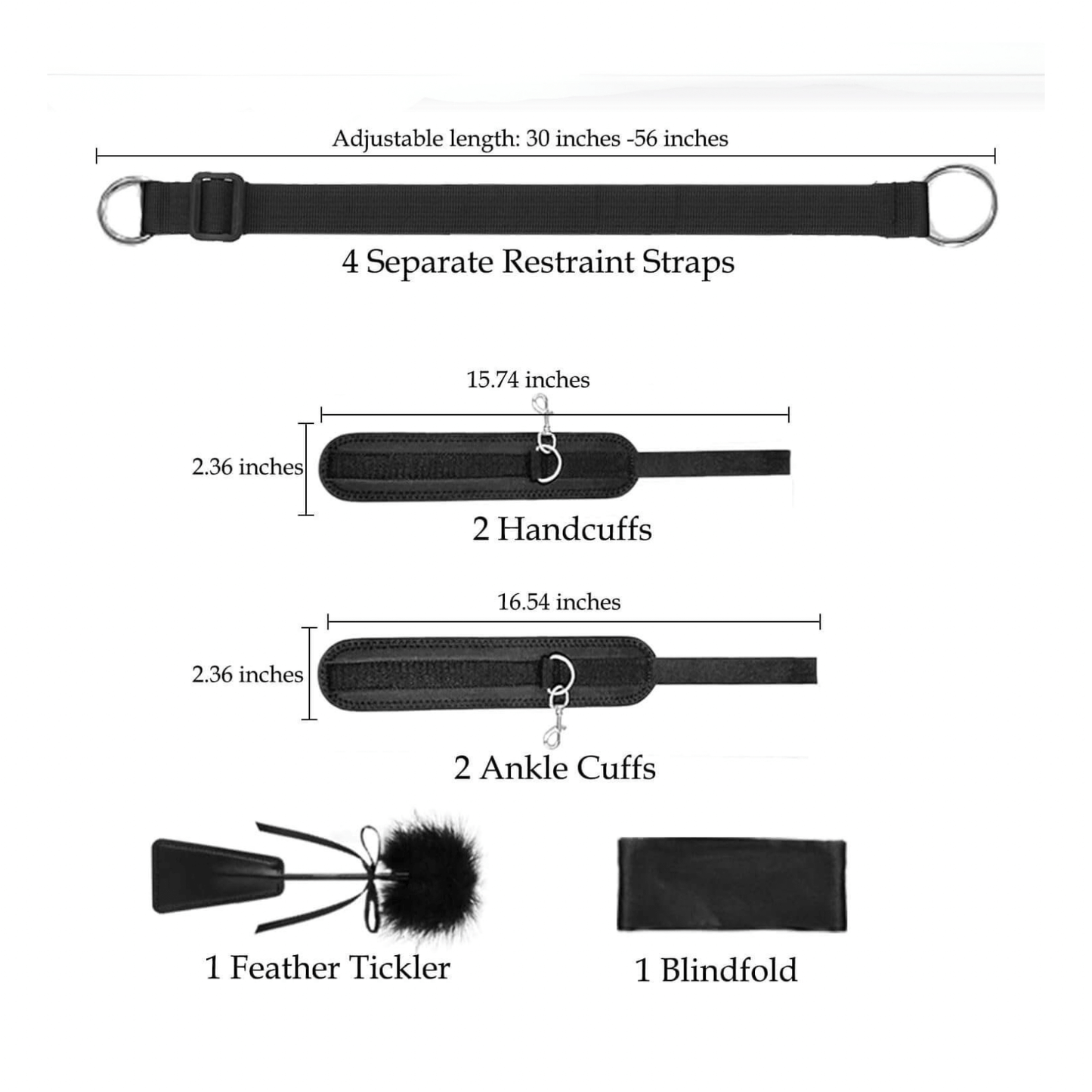 Bed/chair restraints kit featuring 4 adjustable straps, handcuffs, ankle cuffs, feather tickler, and blindfold for ultimate pleasure exploration.