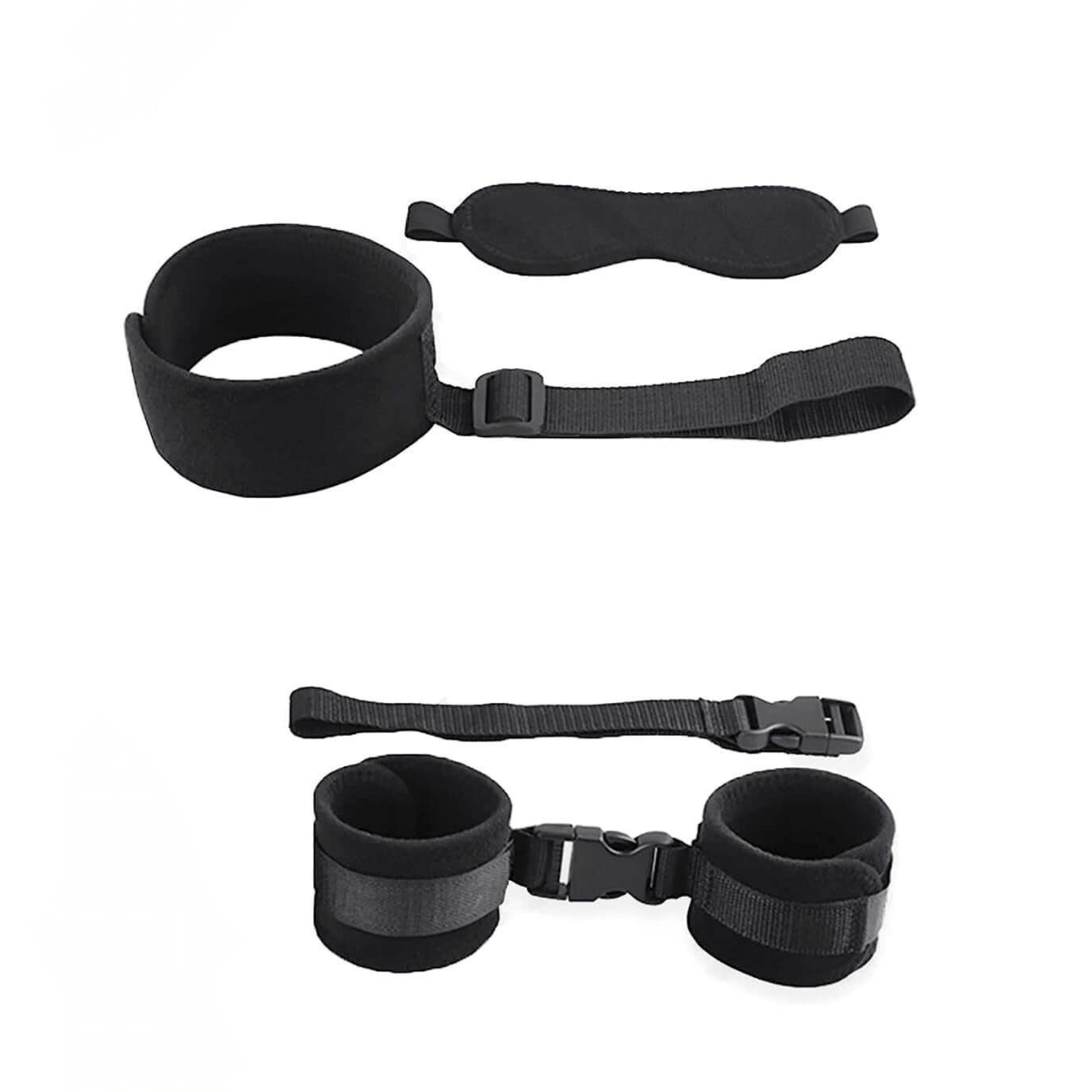 Neck to wrist restraints set with blindfold, padded for comfort and durability, for exciting bondage experiences.