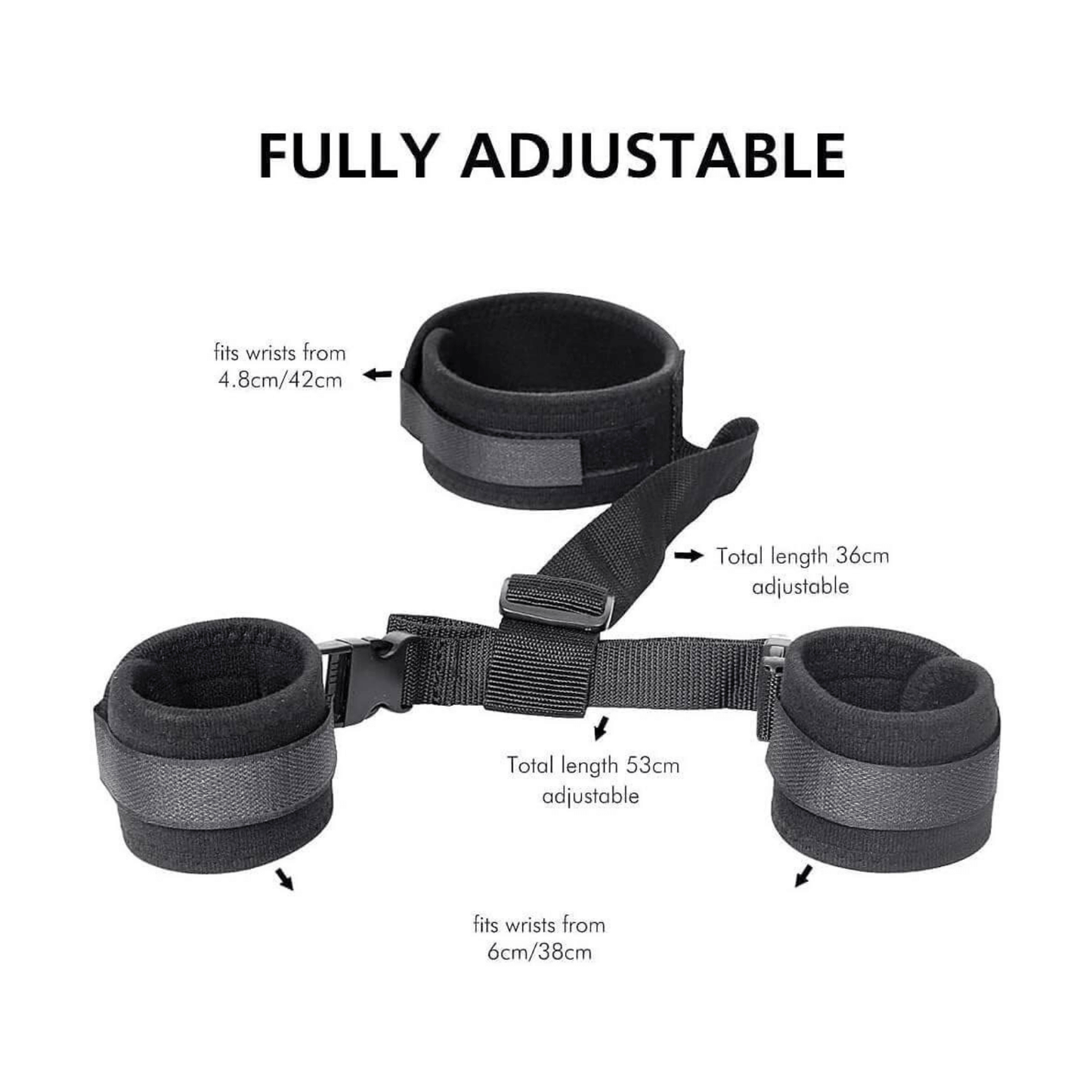Fully adjustable neck to wrist restraints featuring padded material for comfort and durability, ideal for exciting experiences.
