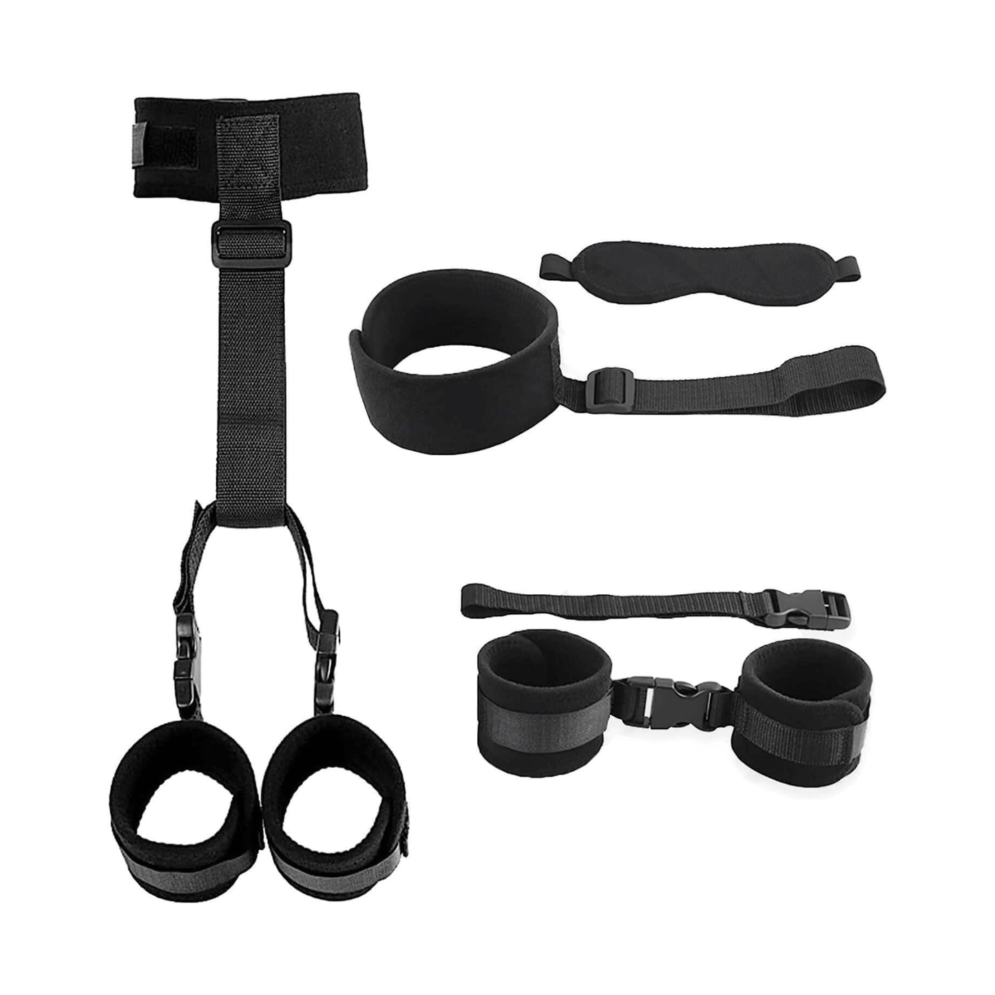 Neck to wrist restraints with blindfold, padded material for comfort and durability, designed for sensory play.