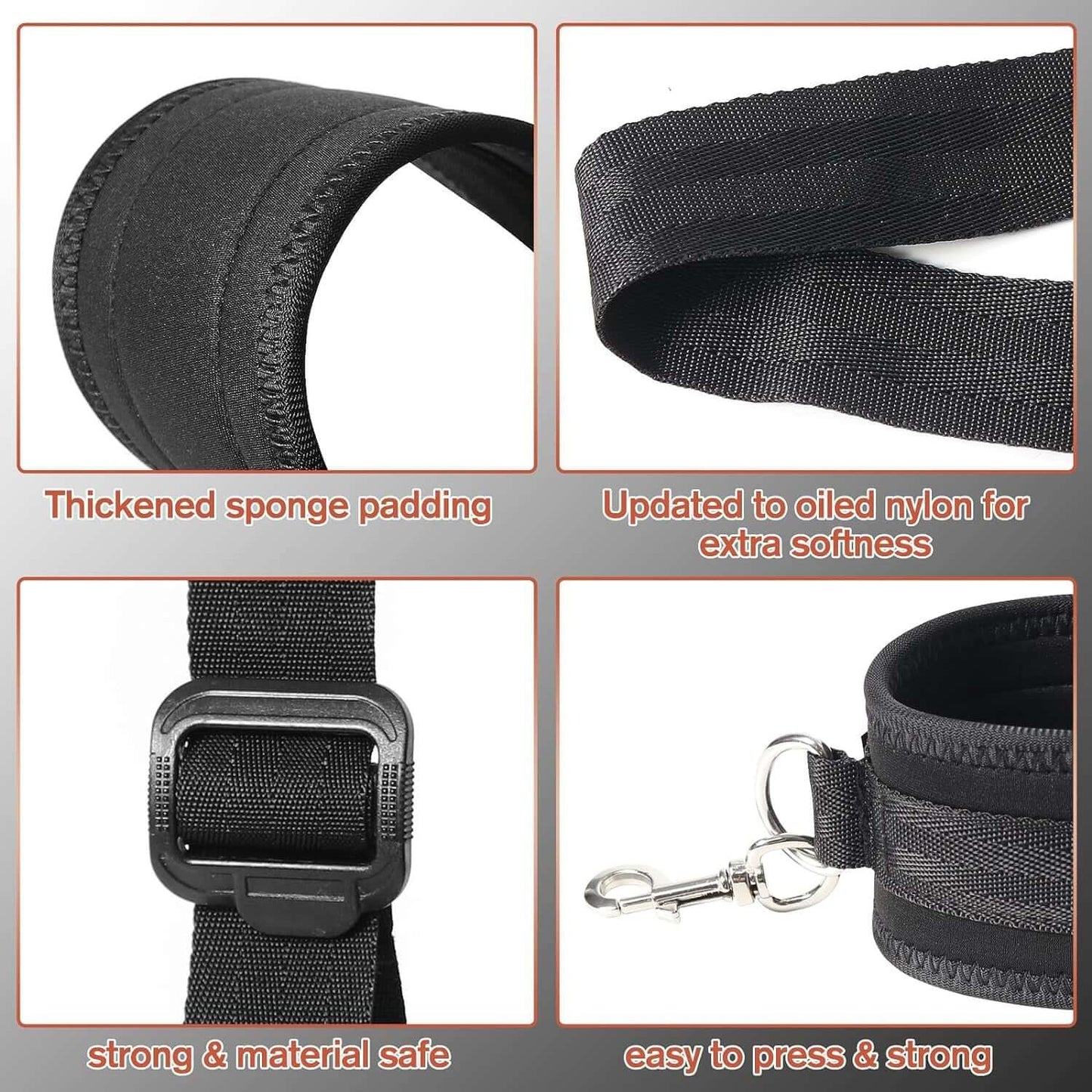 Adjustable leg straps and handcuffs showcasing padded material, nylon details, and secure buckles for safety and comfort.