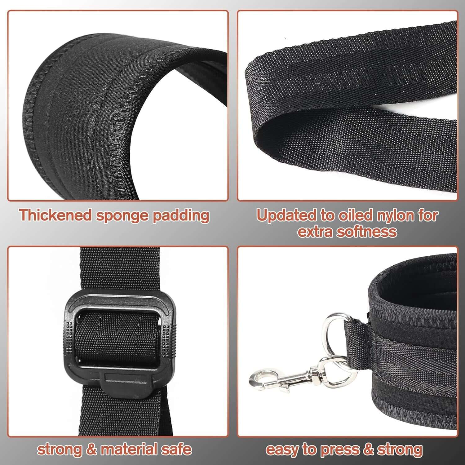 Adjustable leg straps and handcuffs showcasing padded material, nylon details, and secure buckles for safety and comfort.
