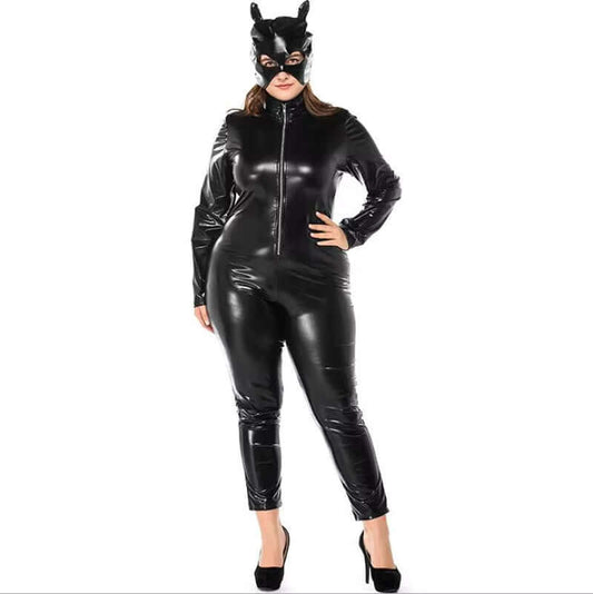 M-XXXL Women'S Sexy PU Leather Front Zipper Crotchless Cosplay Bodysuit Outfit Lingerie Clubwear