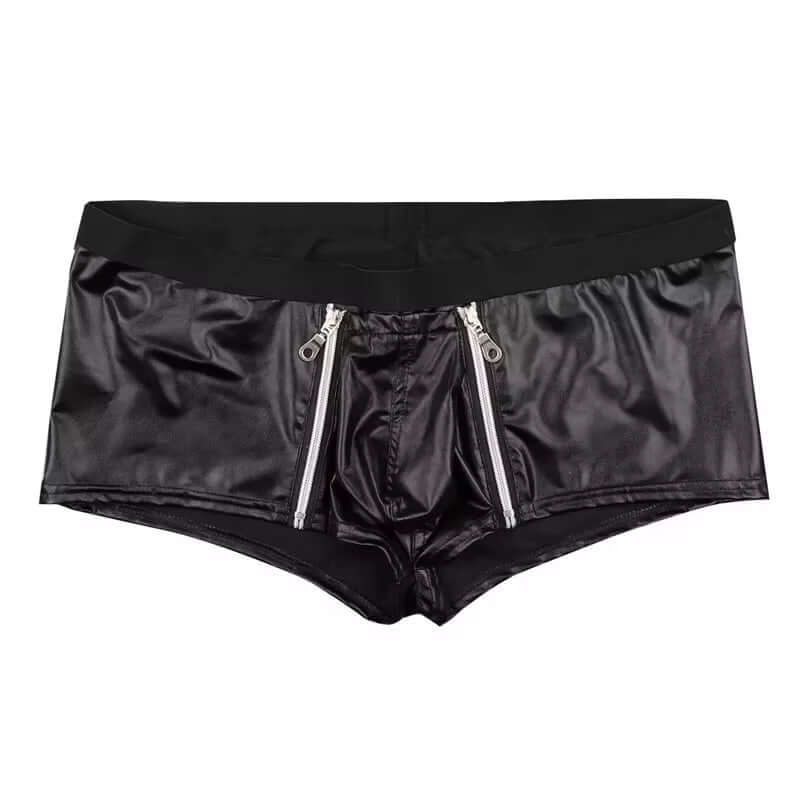 Mens Sexy Leather Lingerie Open Crotch Short Pants for Sex Soft Latex Fetish Boxer Crotchless Leather Underwear Bulge Pouch Sexi