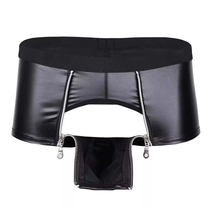 Mens Sexy Leather Lingerie Open Crotch Short Pants for Sex Soft Latex Fetish Boxer Crotchless Leather Underwear Bulge Pouch Sexi