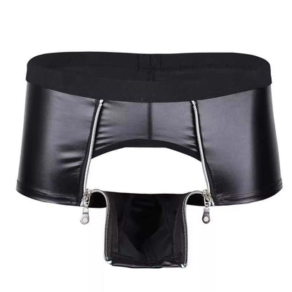 Mens Sexy Leather Lingerie Open Crotch Short Pants for Sex Soft Latex Fetish Boxer Crotchless Leather Underwear Bulge Pouch Sexi