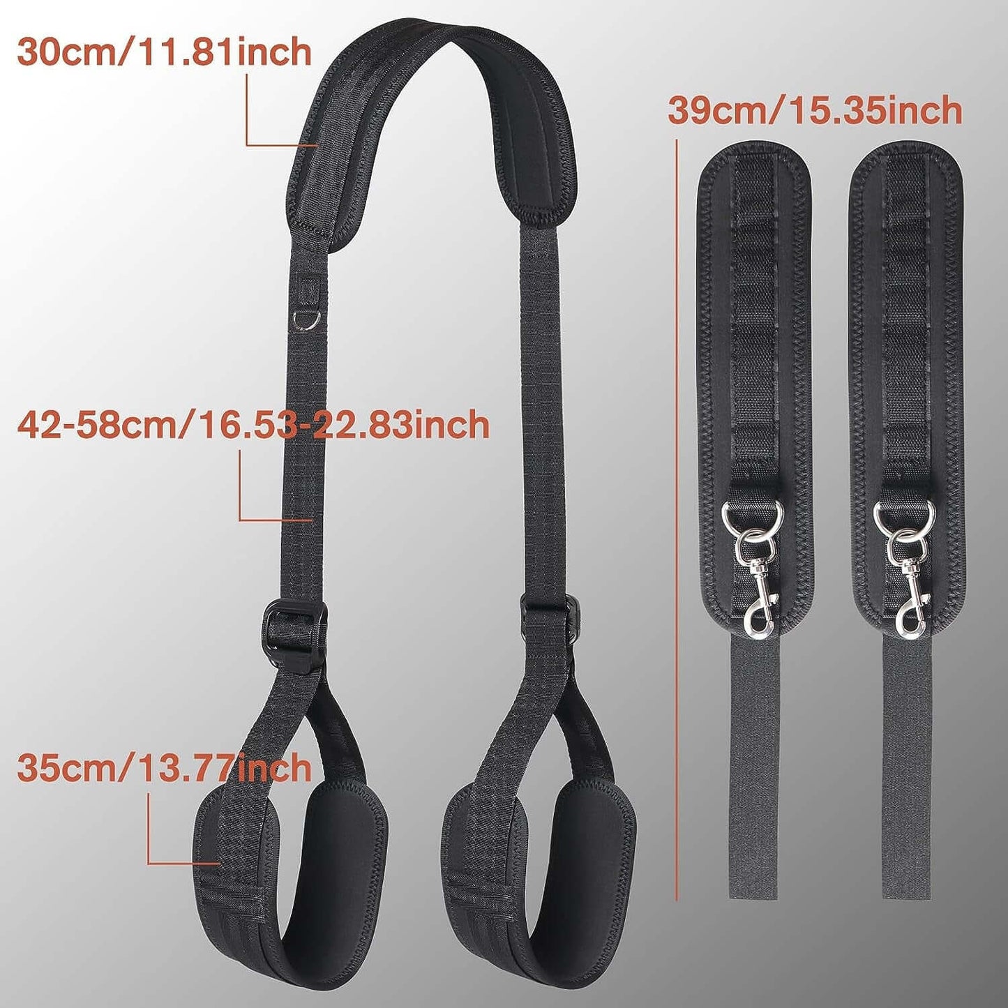 Adjustable leg straps and handcuffs showing dimensions, padded for comfort and versatility in sensory experiences.