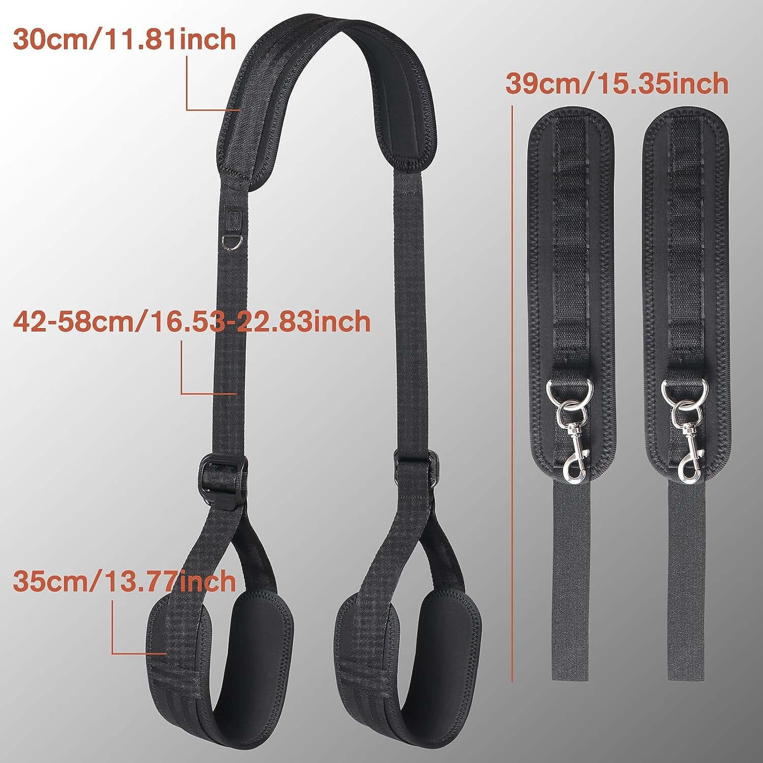 Adjustable leg straps and handcuffs showing dimensions, padded for comfort and versatility in sensory experiences.