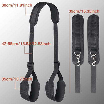 Adjustable leg straps and handcuffs showing dimensions, padded for comfort and versatility in sensory experiences.