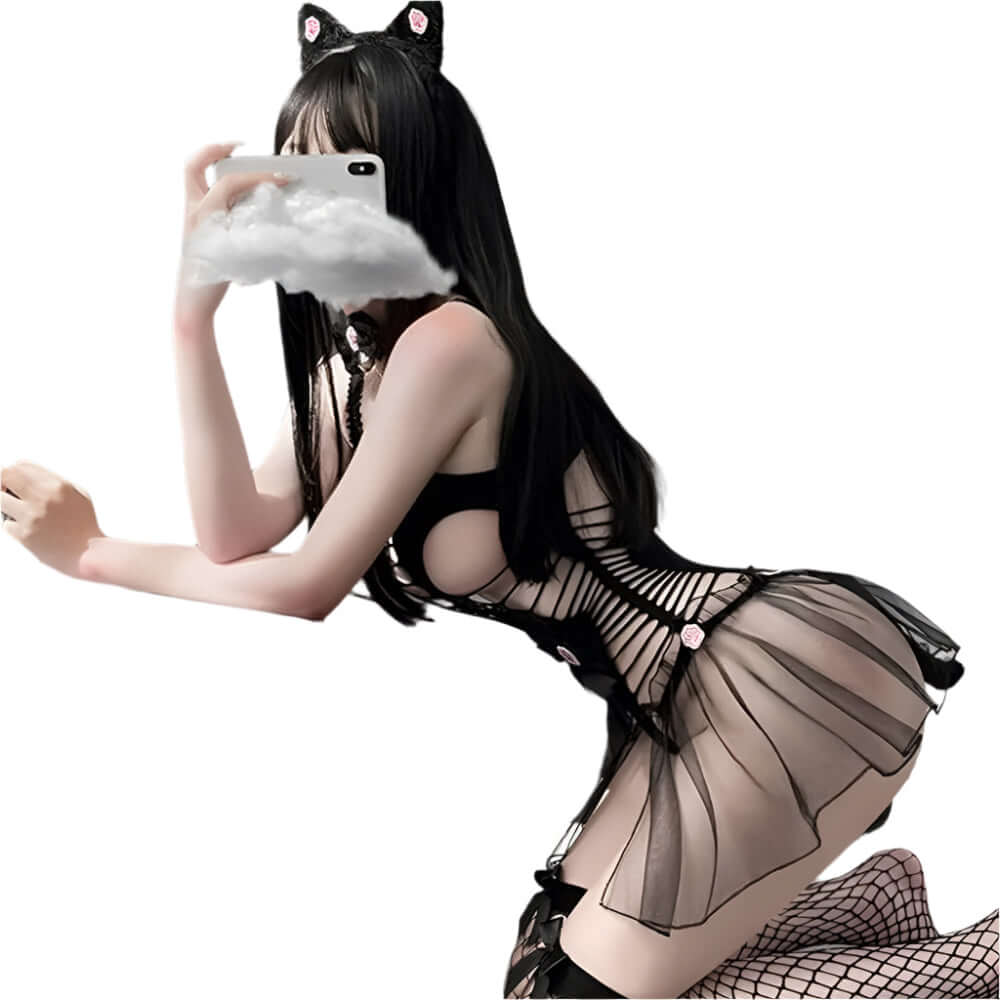 Sexy roleplay costume featuring a playful design with cat ears and sheer fabric, perfect for adding excitement to nights.