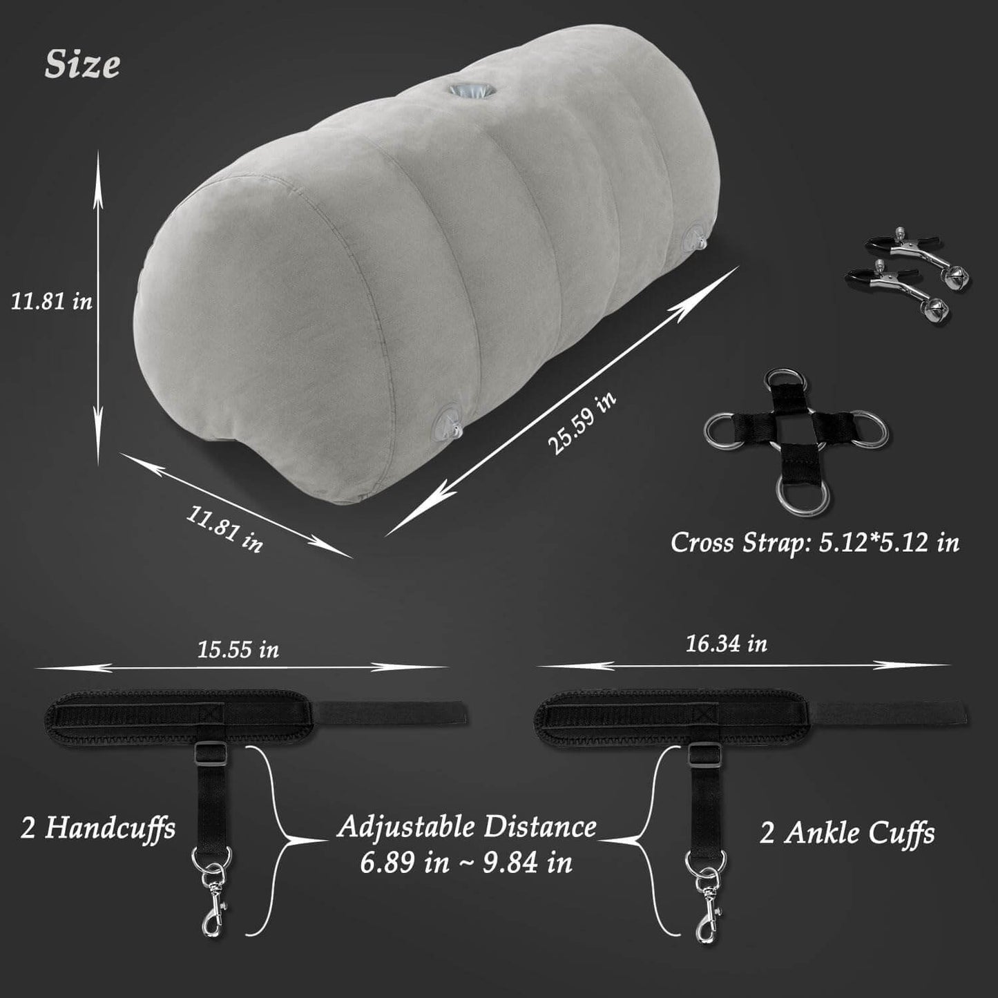 Heart shaped inflatable cushion with cuffs size chart showcasing dimensions and features for intimate use.