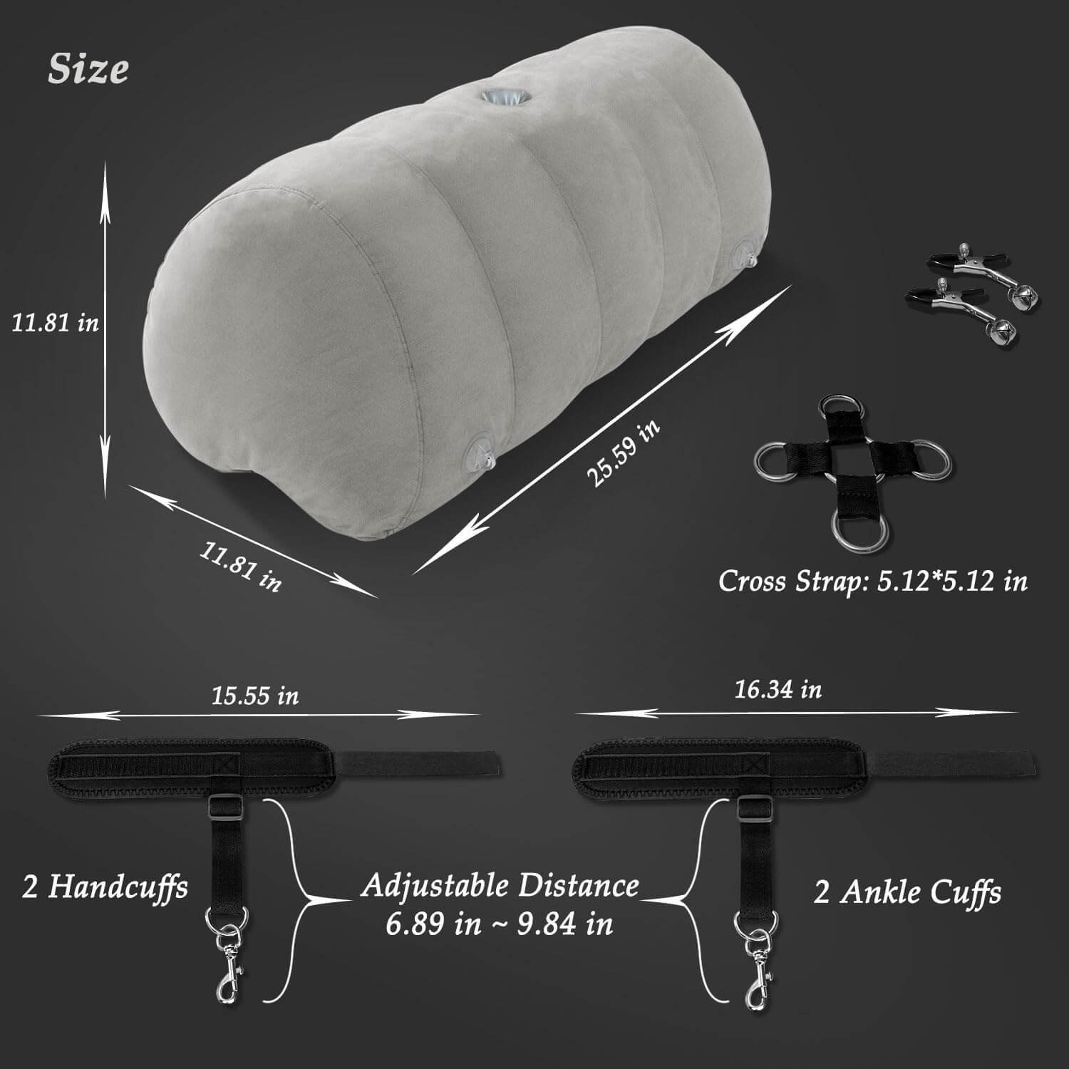 Heart shaped inflatable cushion with cuffs size chart showcasing dimensions and features for intimate use.