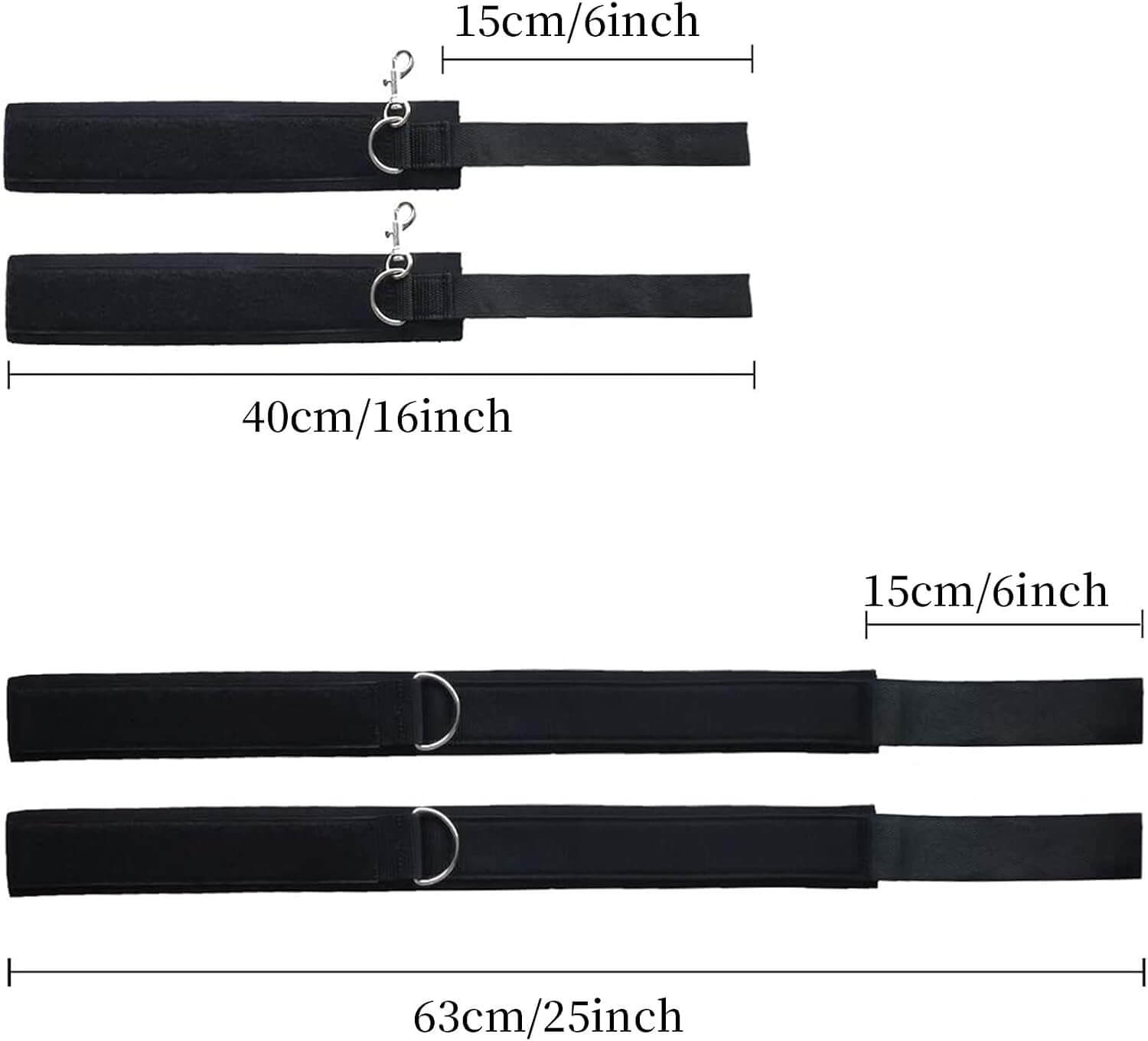 Wrist and thigh restraints set dimensions: 15cm, 40cm and 63cm, designed for comfortable and versatile restraint play.