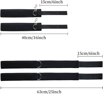 Wrist and thigh restraints set dimensions: 15cm, 40cm and 63cm, designed for comfortable and versatile restraint play.