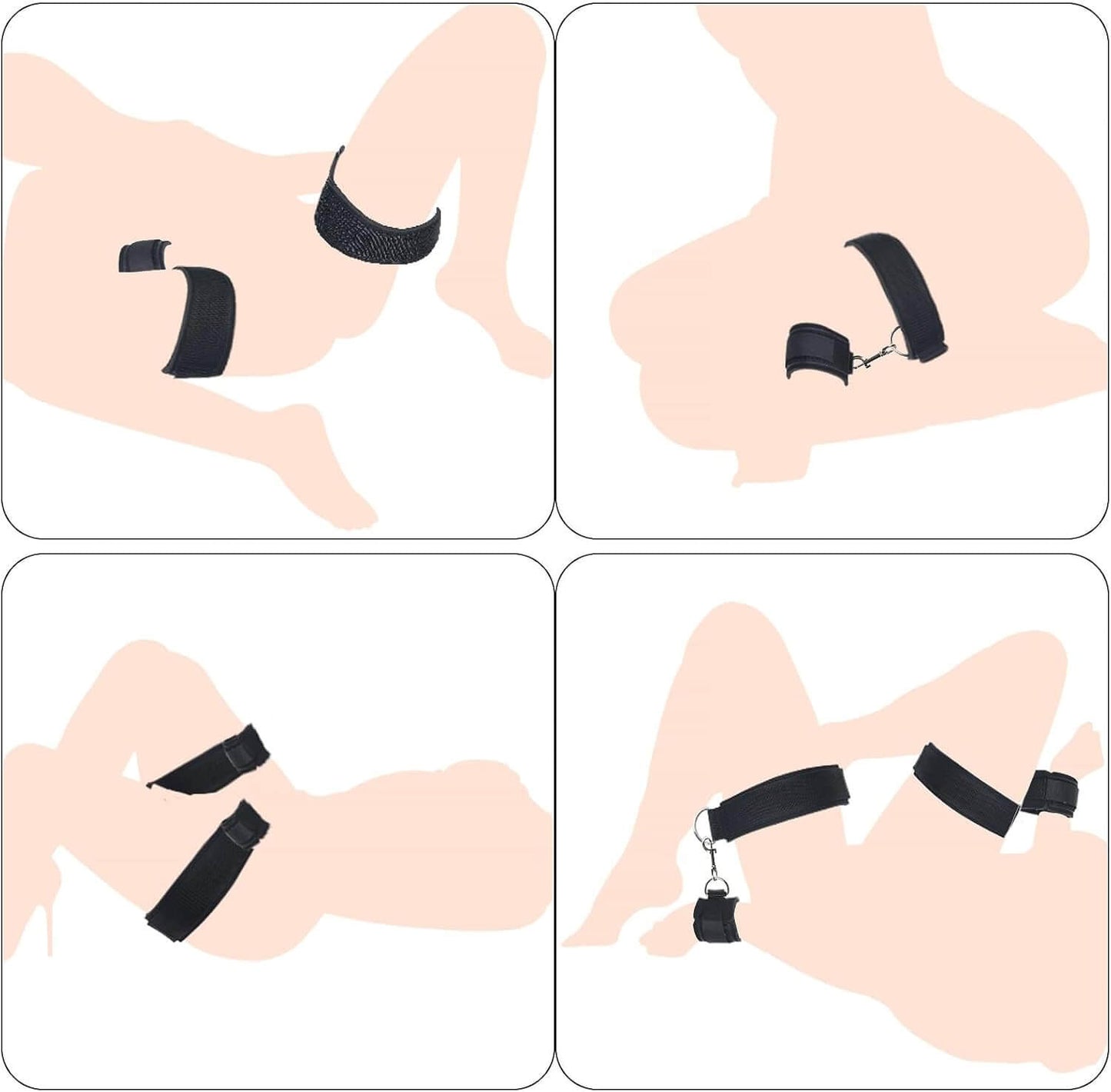 Wrist and thigh restraints set displayed in four positions, showcasing their versatility for enticing play.