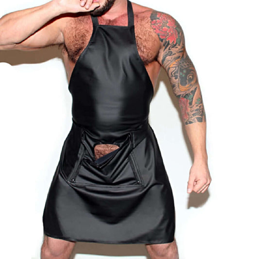 Black Faux Leather Mens Open Crotch Sex Porn Apron Panties Underwear Male Sexy Lingerie Night Clubwear Cosplay Erotic Costume