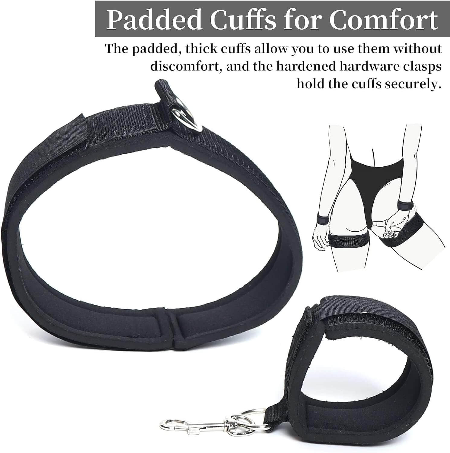 Wrist and thigh restraints set featuring padded cuffs for comfort and secure clasps, ideal for enticing play.