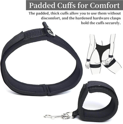 Wrist and thigh restraints set featuring padded cuffs for comfort and secure clasps, ideal for enticing play.