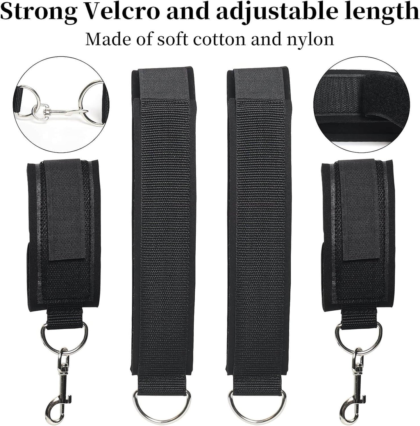 Wrist and thigh restraints set featuring strong Velcro, adjustable cotton and nylon straps for secure and comfortable use.