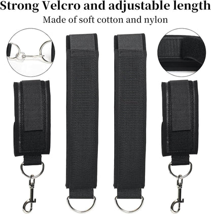 Wrist and thigh restraints set featuring strong Velcro, adjustable cotton and nylon straps for secure and comfortable use.