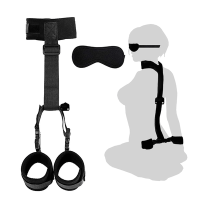 Neck to wrist restraints with blindfold, strong padded material for comfort, enhancing sensory experience.