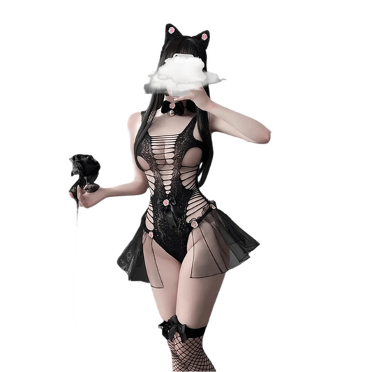 Sexy roleplay costume featuring black lace, playful design, and cat ears for a flirtatious night.