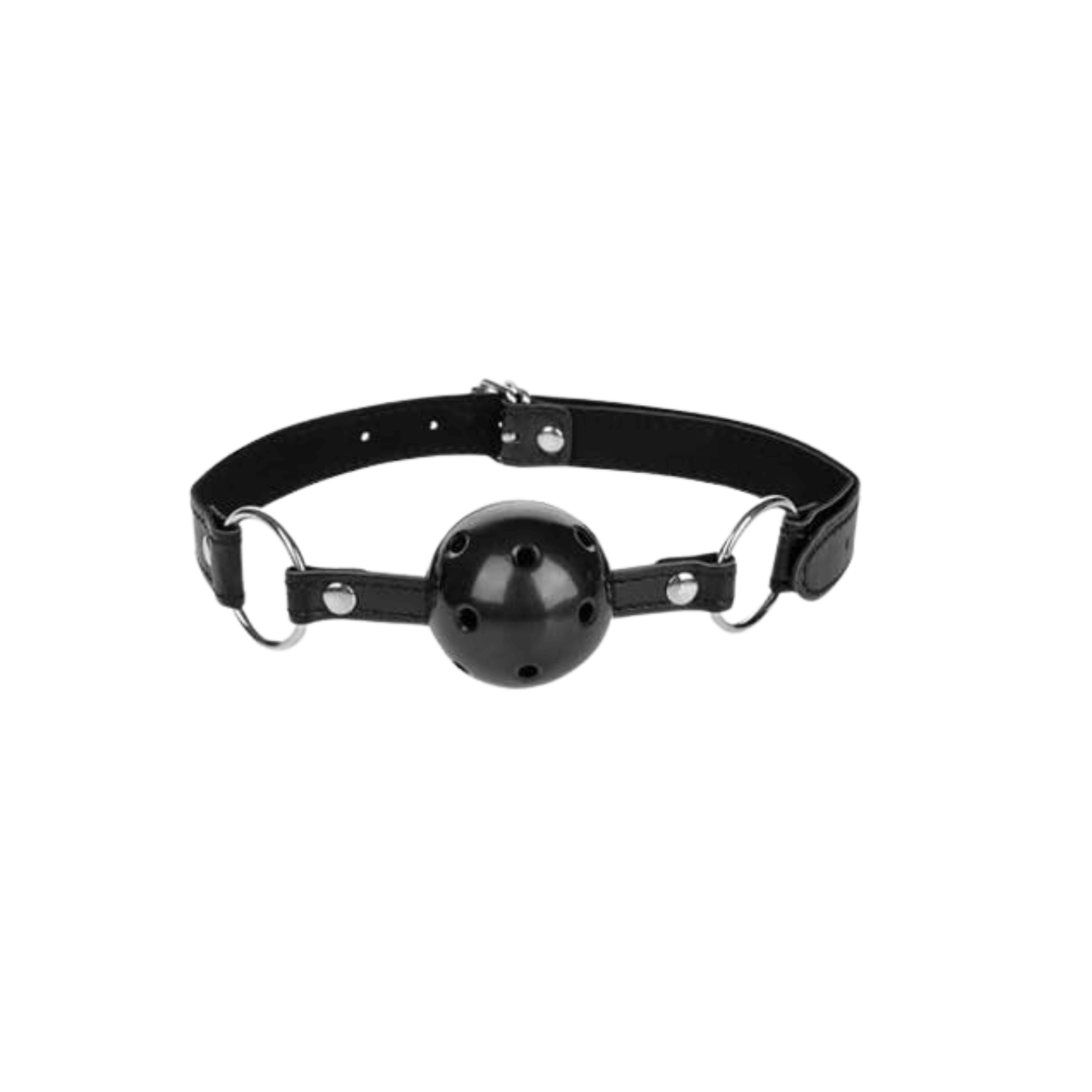Black bondage gag with adjustable straps and holes for breathability, ideal for BDSM beginners.