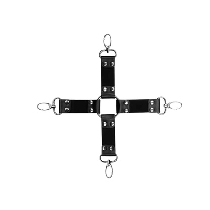 Bondage Kit cross strap harness with padded black leather and metal rings for secure attachment.