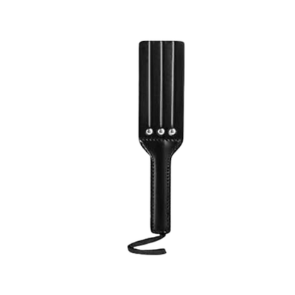 Leather paddle with three grooves, designed for bondage and BDSM play, perfect for spanking and sensation play.