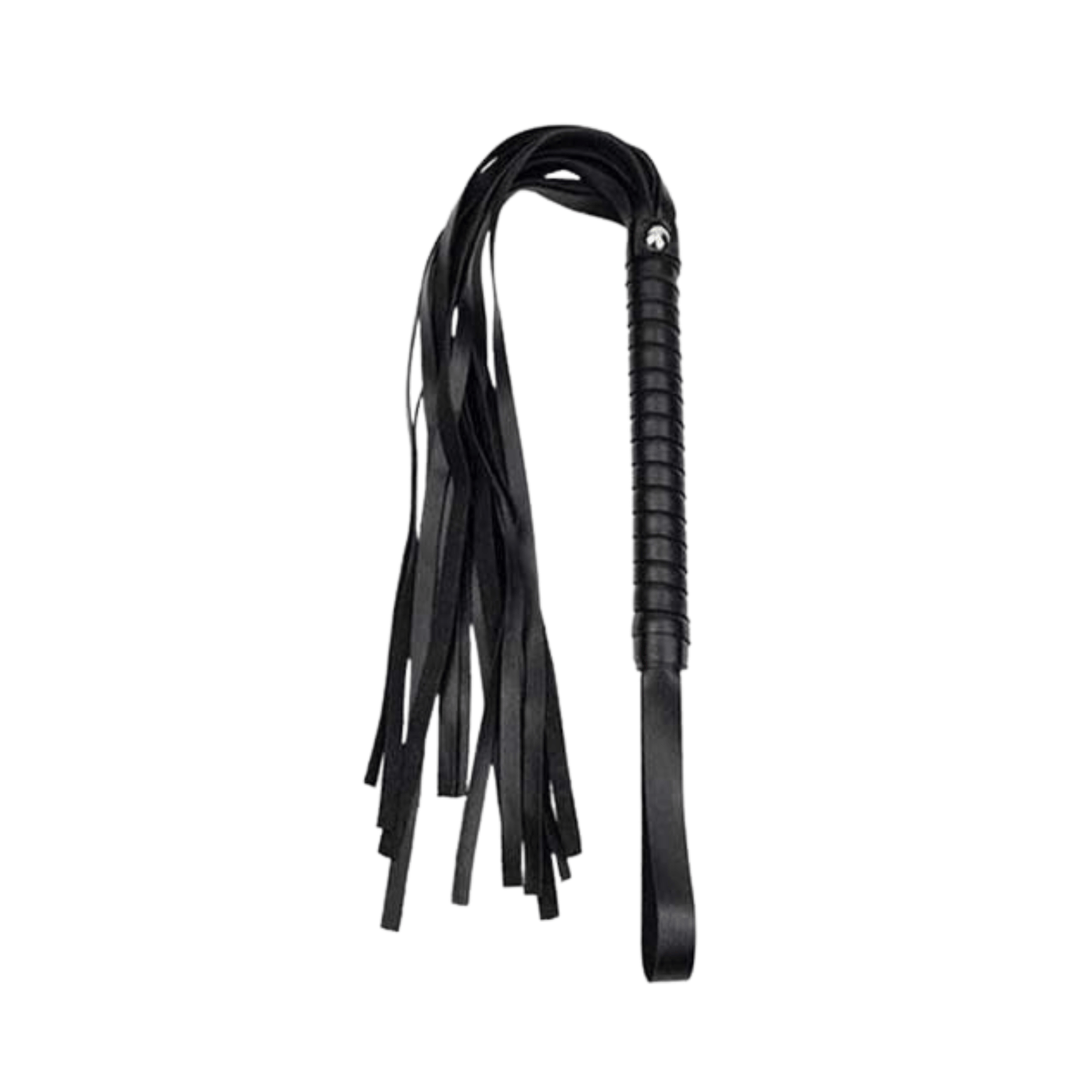 Black leather flogger with a braided handle and multiple long tails, perfect for bondage play and BDSM activities.