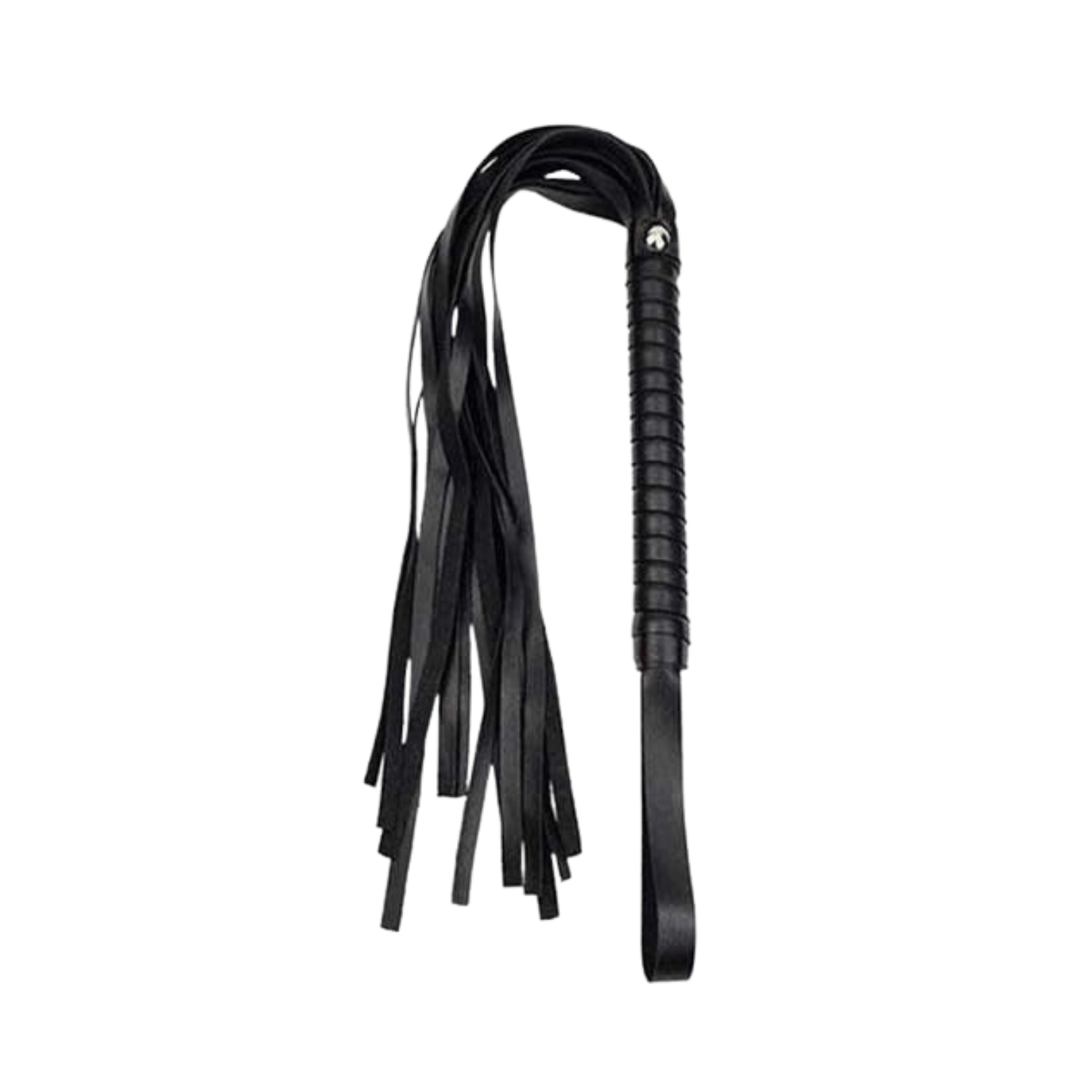 Black leather flogger with a braided handle and multiple long tails, perfect for bondage play and BDSM activities.