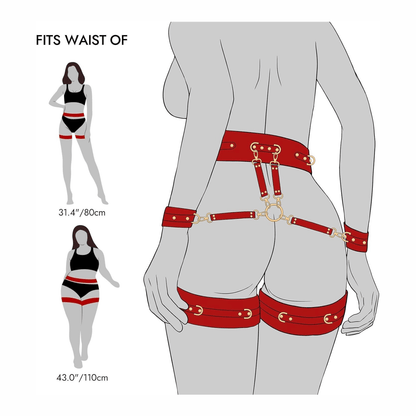 Adjustable bondage set fitting sizes 31.4" and 43.0" waist, showcasing red faux leather design for a seductive look.