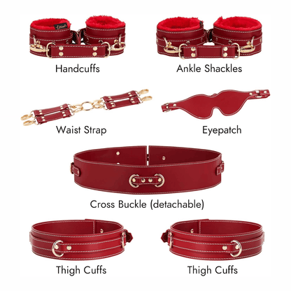 6 PC adjustable bondage set in red faux leather, including handcuffs, ankle shackles, waist strap, eyepatch, and thigh cuffs.