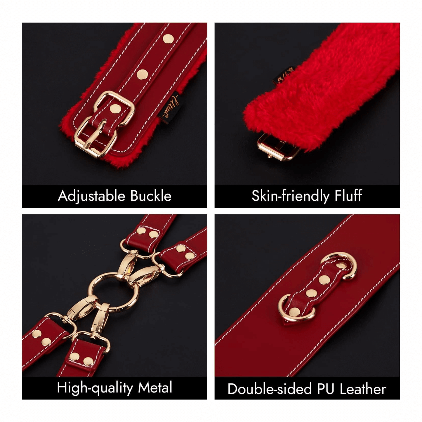 Close-up views of features in adjustable bondage set: buckle, fluff, metal hardware, and double-sided leather.