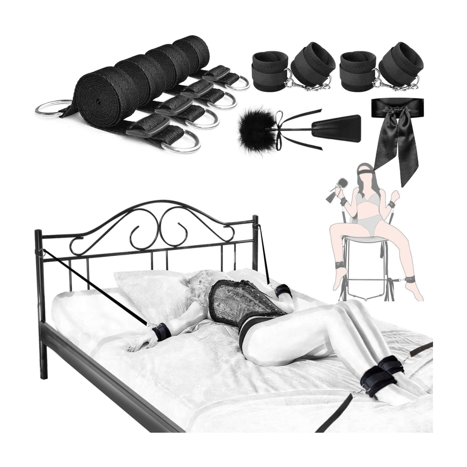 Bed/chair restraints kit with blindfold, featuring straps, cuffs, and plush accessories for ultimate comfort and secure restraint.