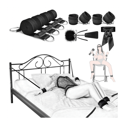 Bed/chair restraints kit with blindfold, featuring straps, cuffs, and plush accessories for ultimate comfort and secure restraint.