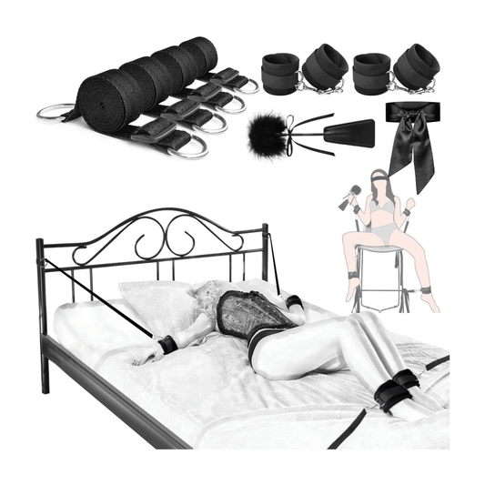 Bed/chair restraints kit with blindfold, featuring straps, cuffs, and plush accessories for ultimate comfort and secure restraint.