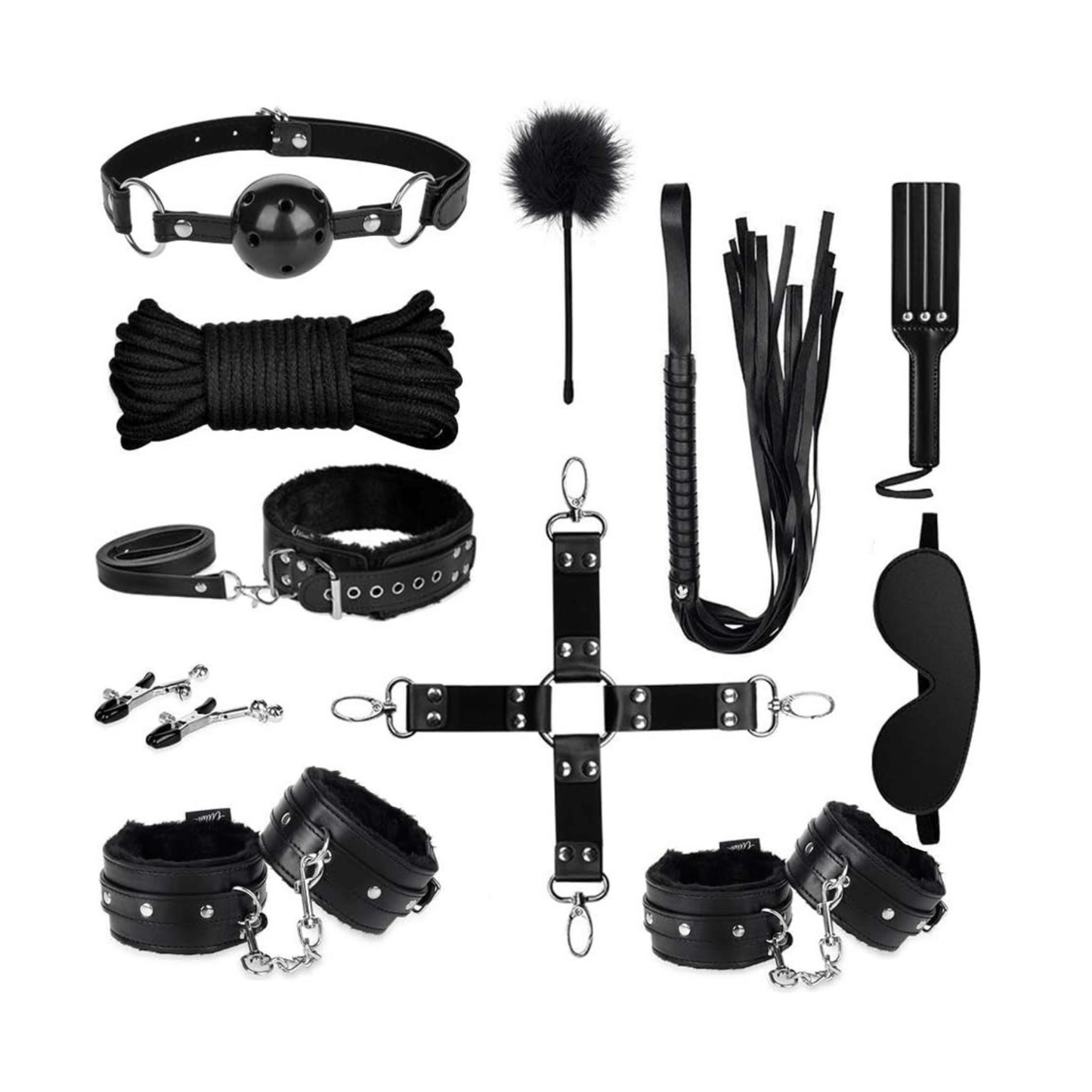Beginner Bondage Kit by Club69 featuring shackles, collar, blindfold, ropes, and various accessories for exploration.