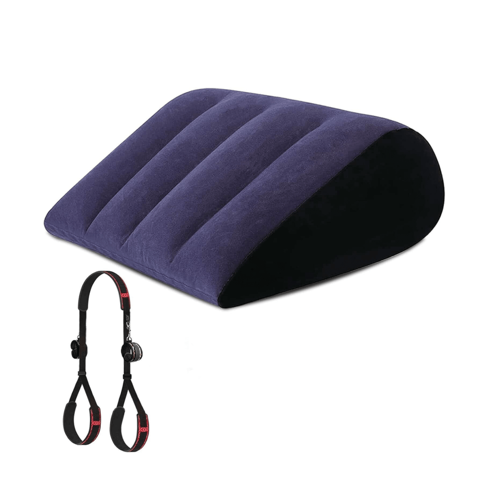 Inflatable sex cushion with adjustable restraints for enhanced intimate experiences.