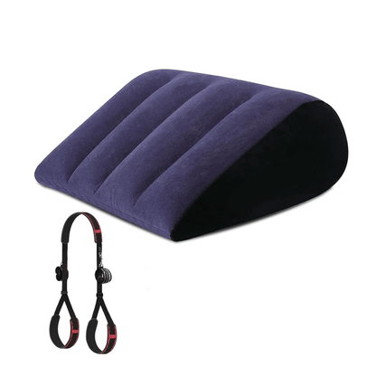 Inflatable sex cushion with adjustable restraints for enhanced intimate experiences.
