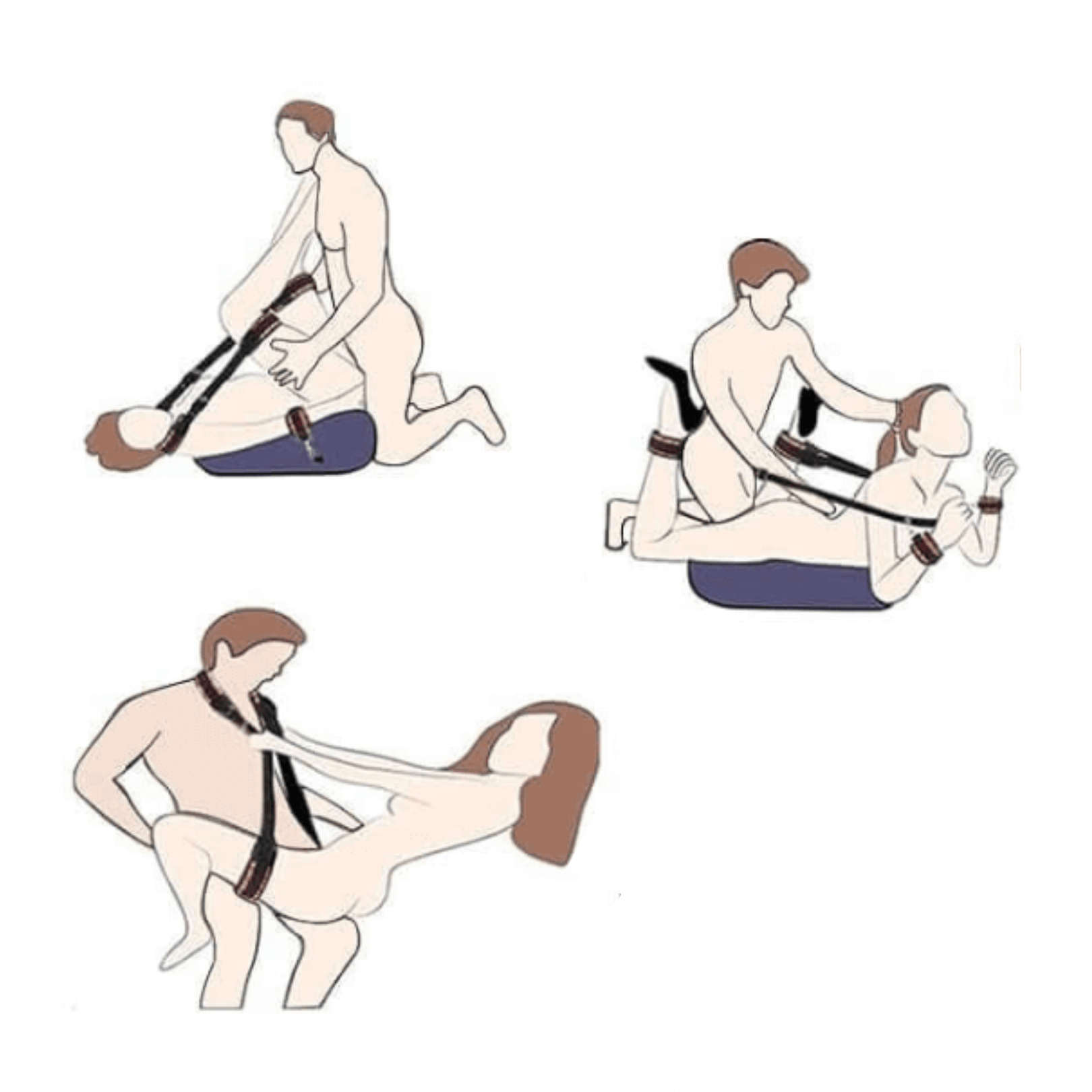 Illustration of couples using an inflatable sex cushion with restraints for enhanced intimate experiences.