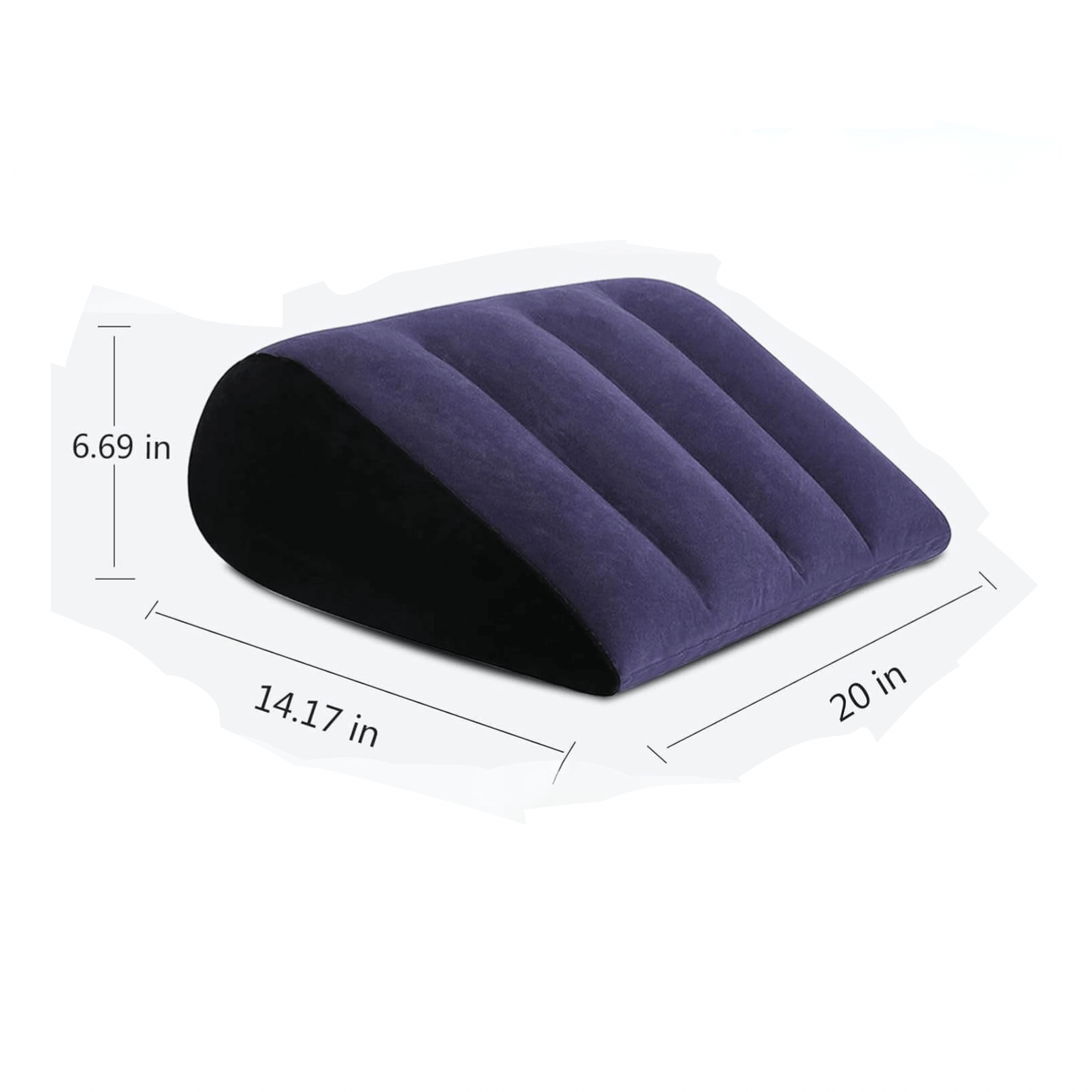 Inflatable sex cushion with dimensions 20x14.17x6.69 inches, designed for comfort and pleasure with restraints.