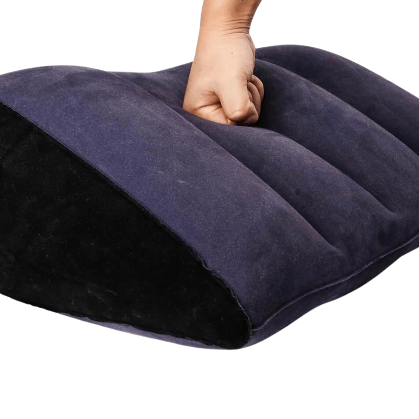 Inflatable sex cushion with a hand pressing down, designed for pleasure and restraint.